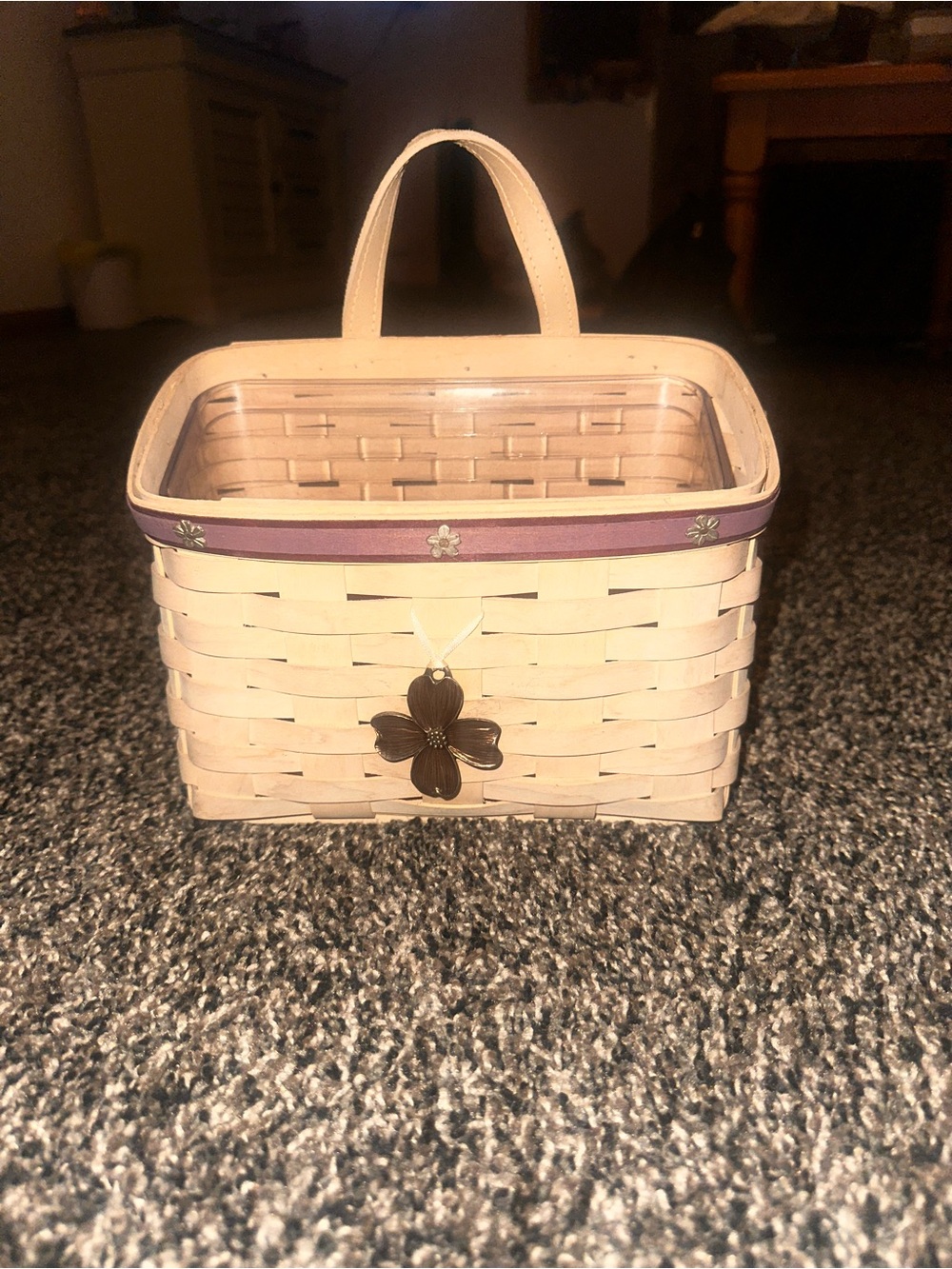 Longaberger Cream Woven Basket with Purple Trim and Floral Charm